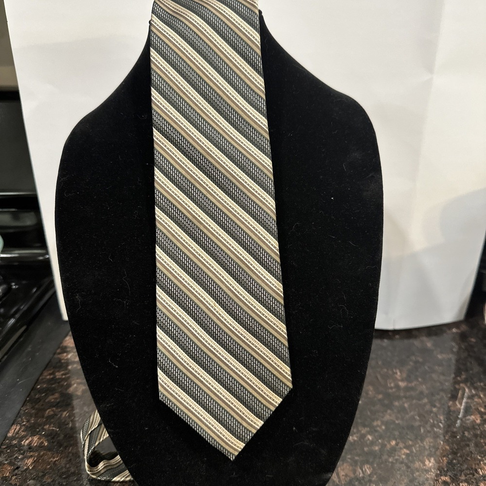 Platinum Designs Mens Silk Handmade Tan Olive Brown Stripe Necktie Designer